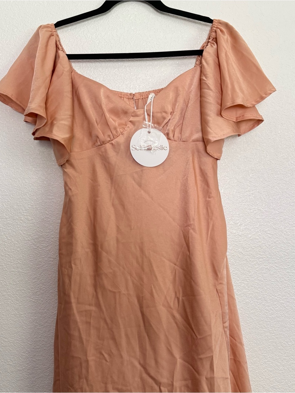 NWT Selfie Leslie Park Avenue Flutter Sleeve Side Split Midi Dress Apricot Large - Picture 3 of 8